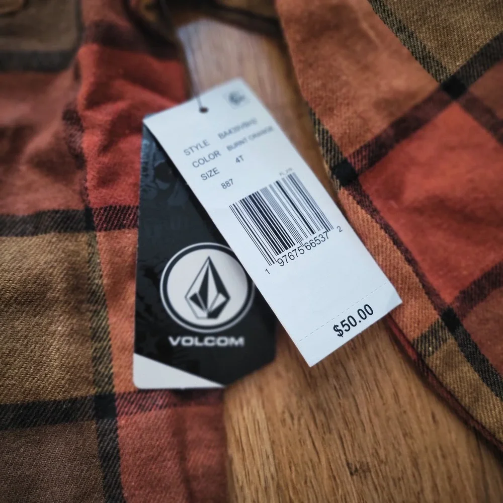 Volcom Boys 2 Piece Set Burnt Orange‎ Plaid Flannel Hoodie Cargo Jogger Pants 4T